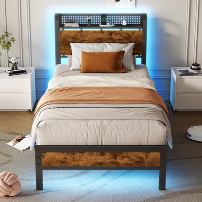 Satifur LED Bed Frame Twin Size with 2 USB Ports and Outlets, Platform Metal Bed Frame, No Box Spring Needed, Noise-Free