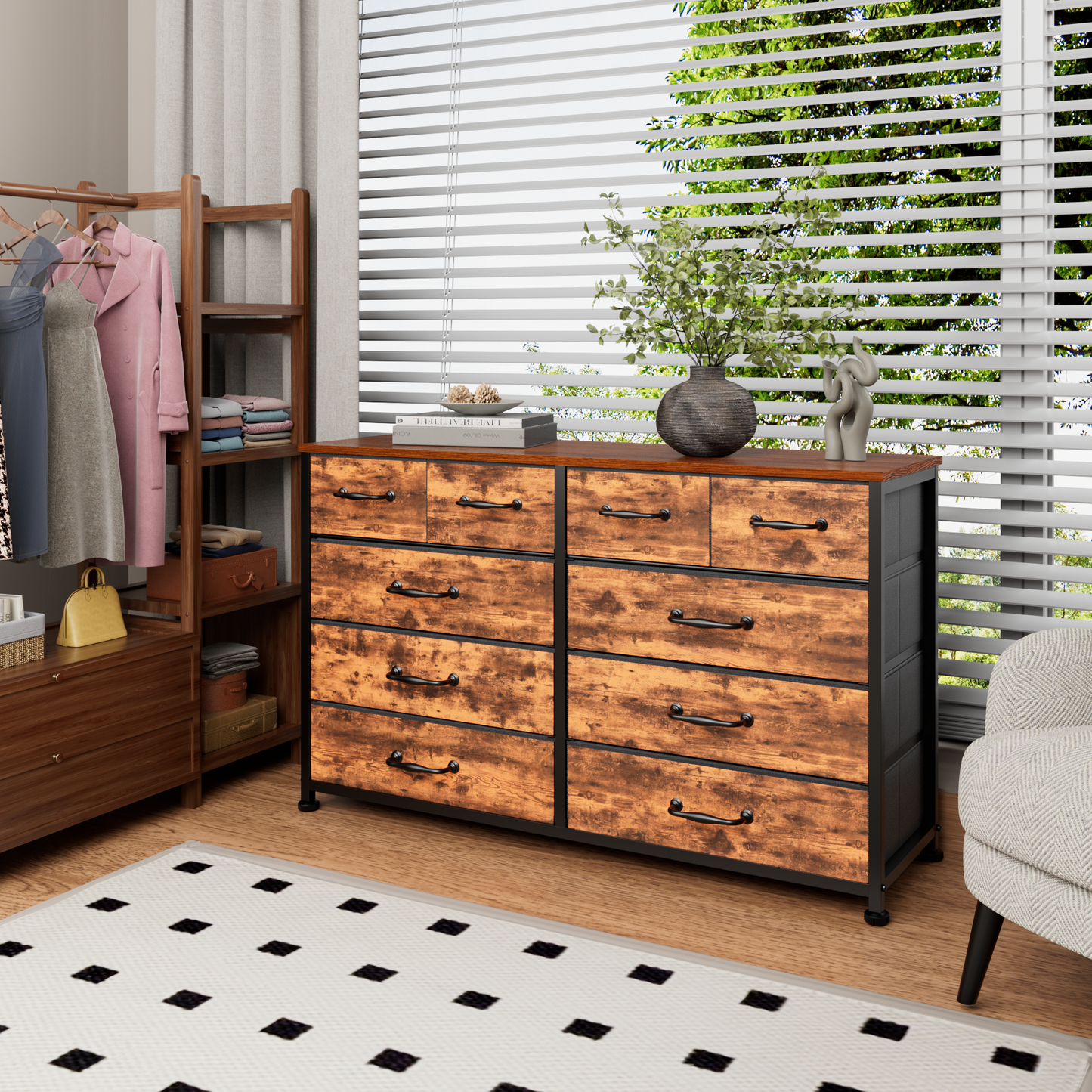 Tydimor Fabric Storage Dresser with 10 Drawers for Bedroom, Modern Wide Chest for Living Room, Rustic Brown