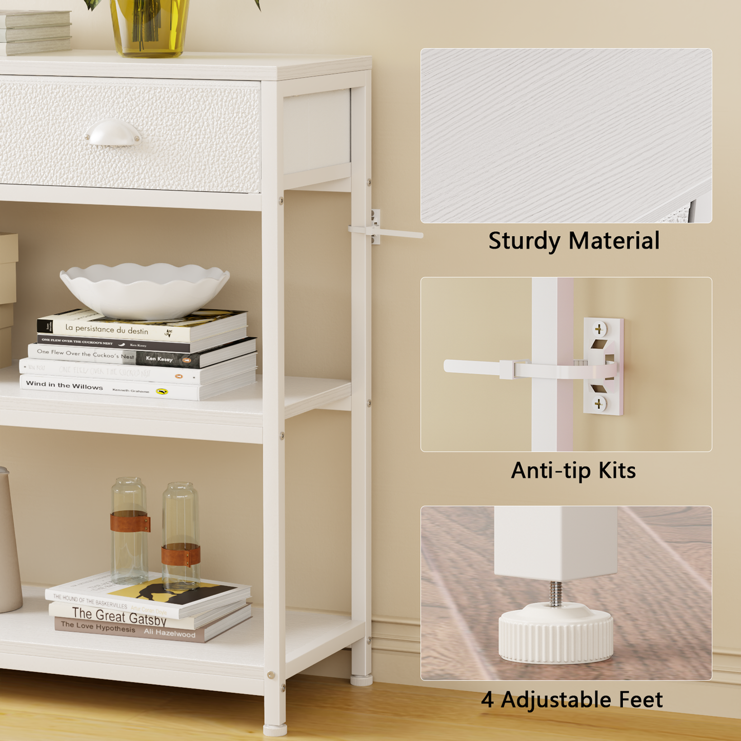 Satifur 47" Entryway Table with 4 Fabric Drawers, Console Table Metal Frame Sofa Table with 2 Shelves for Living Room and Hallway, White