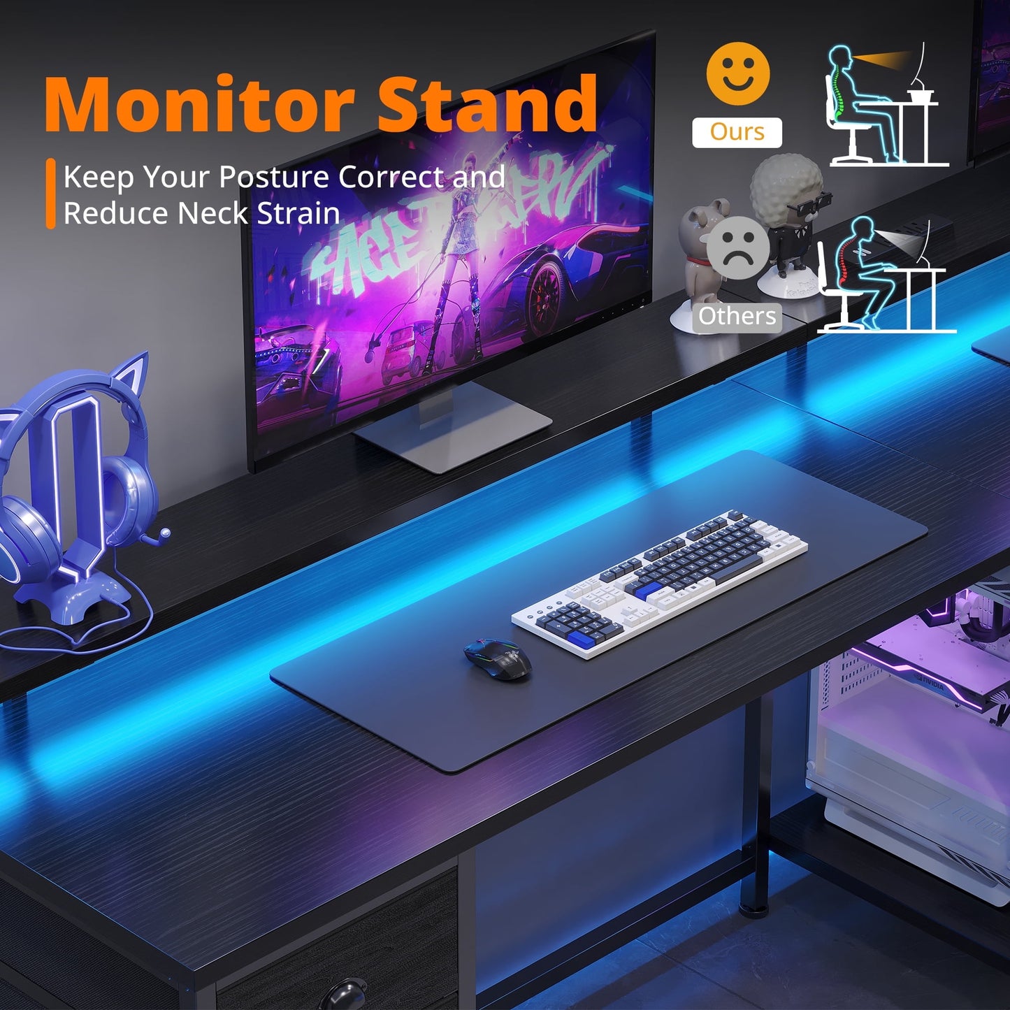 Hexmn Black L Shaped Office Desk with Drawers Storage, Dual Monitor Computer Desk, Workstation Set for Office Living Room