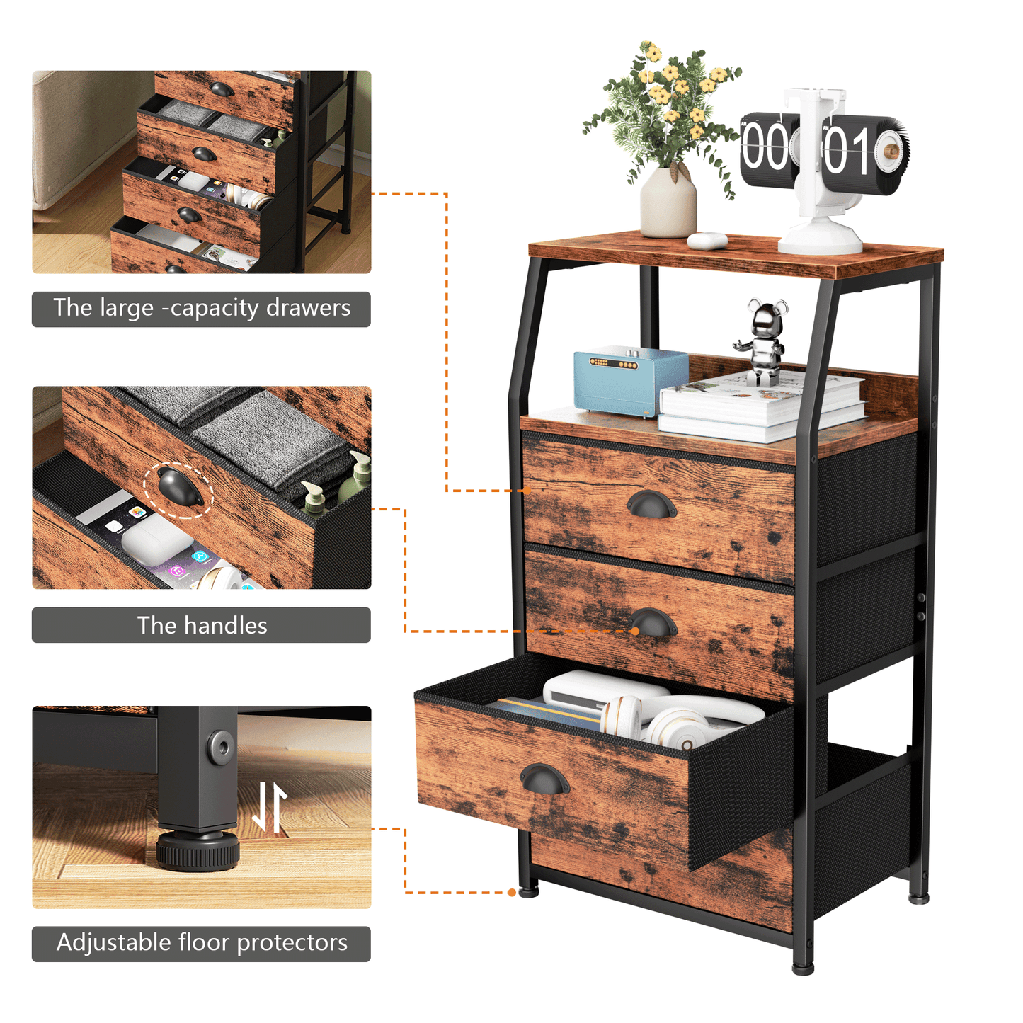 TYDIMOR Tall Nightstand, 4 Drawer Storage Organizer for Bedroom, Brown, for Adults