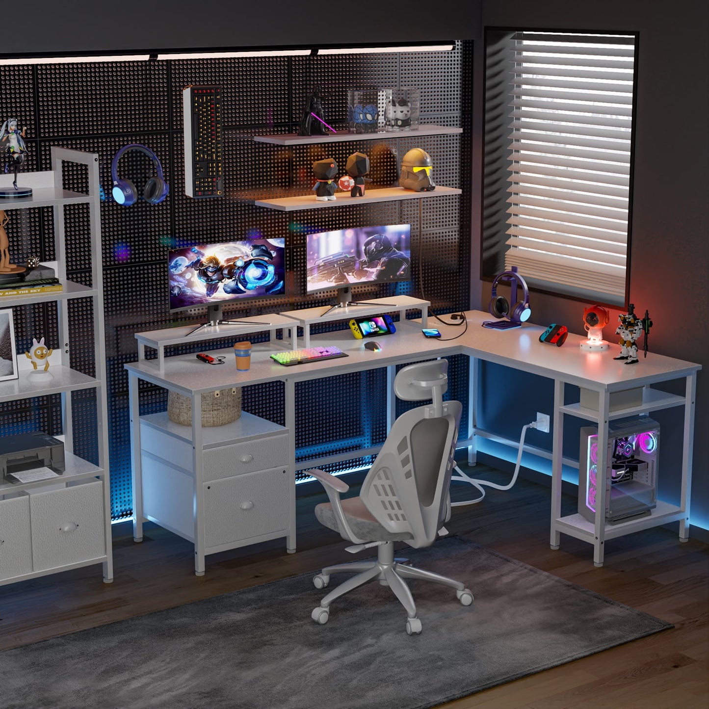 Furologee Computer Desk L-Shaped Desk with Power Outlet and Monitor Stand Corner Desk, White