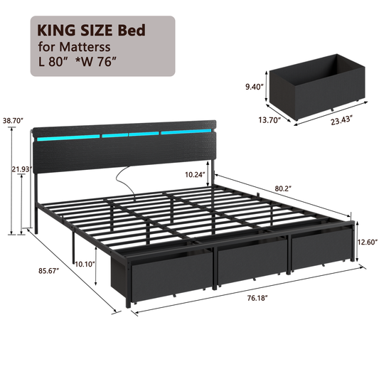 Satifur King Size Bed Frame with 3 Drawers & LED Lights & Charging Station, Beds with Headboard & 10.10" Under Bed Storage, No Box Spring Needed, Easy Assembly, Black