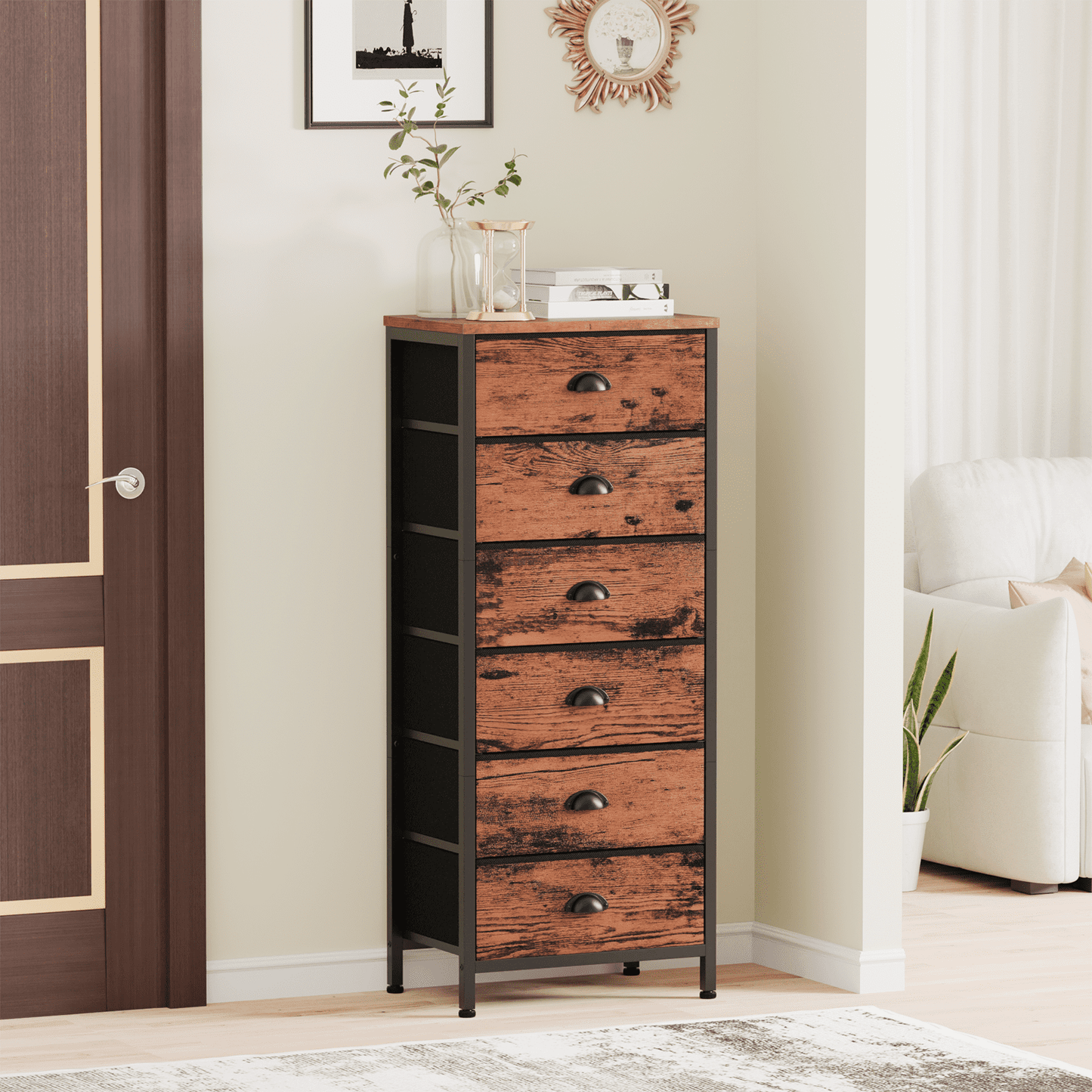 Satifur 6-Drawer Tall Dresser Bedside Fabric Nightstand with Storage,for All Age,Rustic Brown