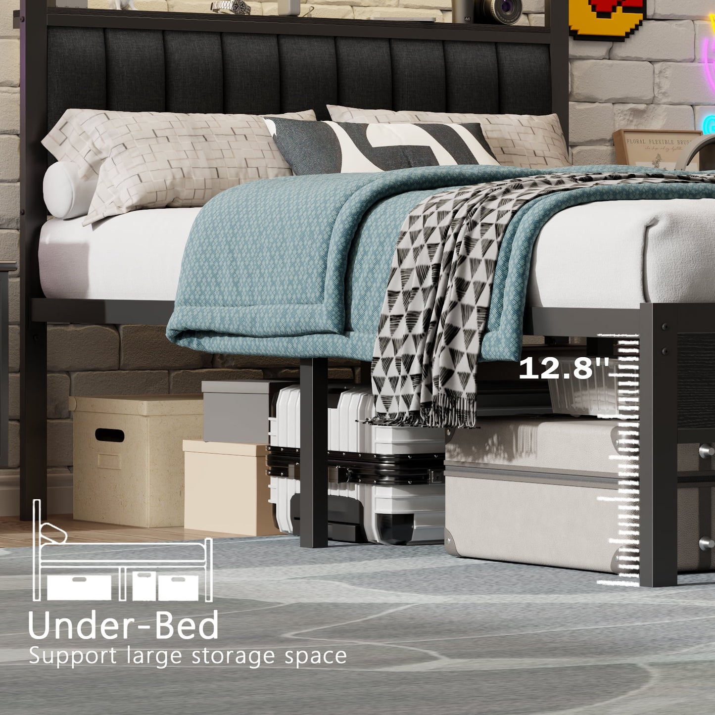 Satifur Full Bed Frame with Upholstered Headboard, Steel Slats Support, No Box Spring Needed