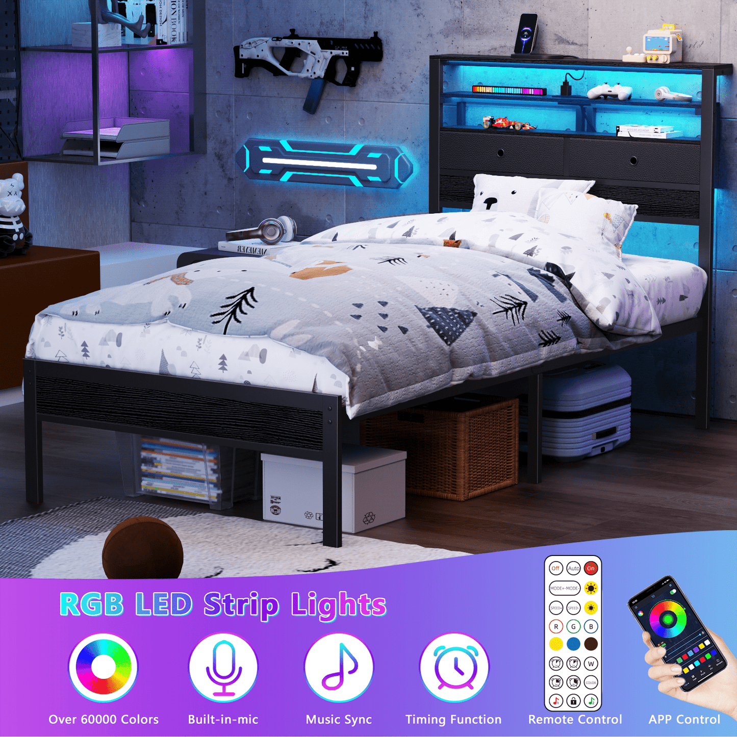 Tydimor Twin Size Bed Frame with 2 Storage Drawers Headboard, LED & Charging Station, Black oack