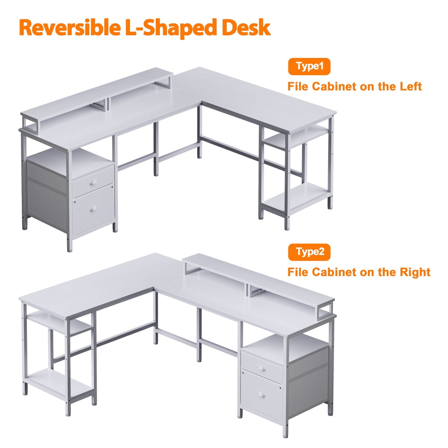 Furologee L Shaped Desk with Shelves, Reversible Corner Computer Desk with Drawers & 2 Monitor Stands, Large Home Office Desk Writing Study Gaming Table Workstation, White