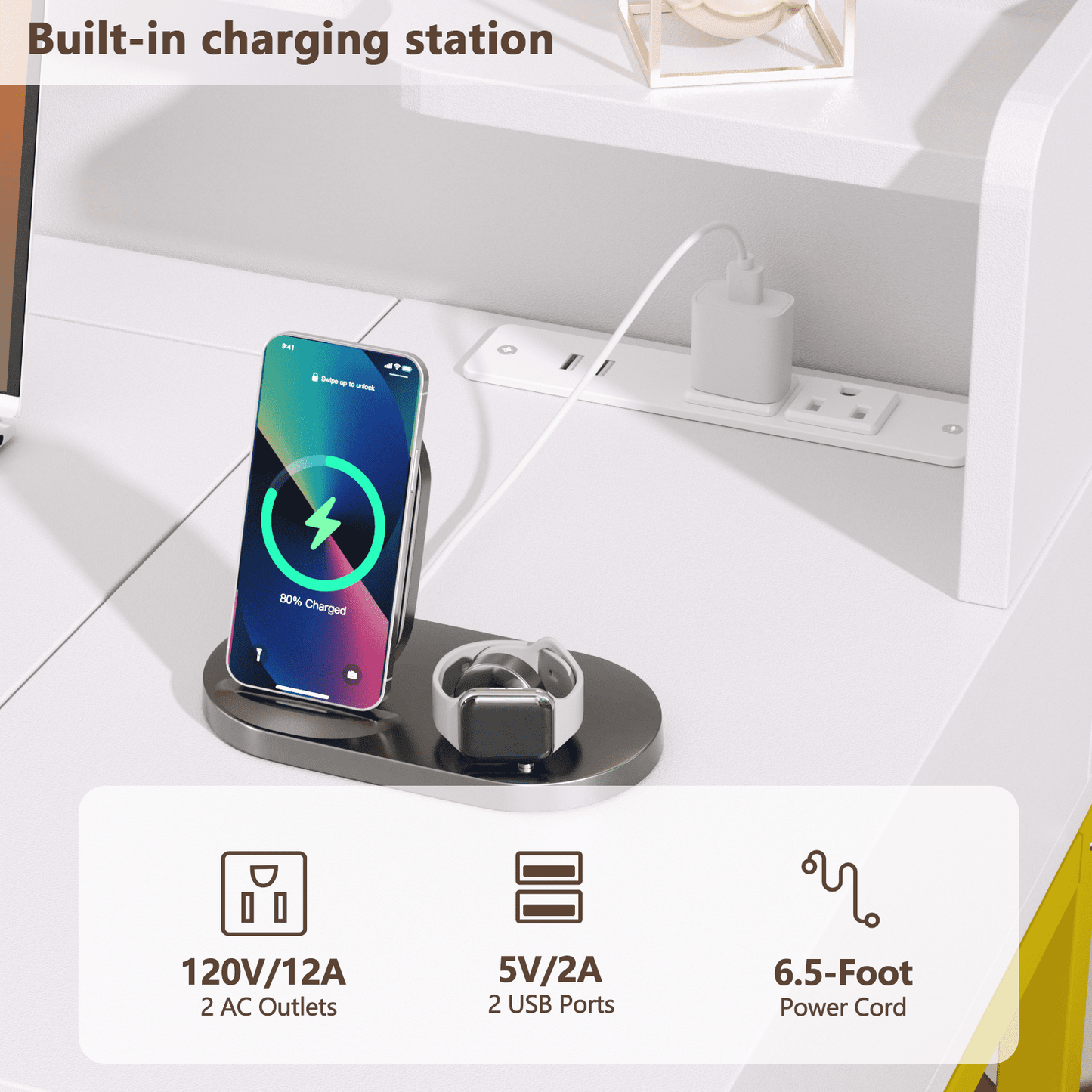 Hexmn makeup vanities Set with Flip-Top Mirror, white dressing tables with Built-in Power Outlets for bathroom bedroom