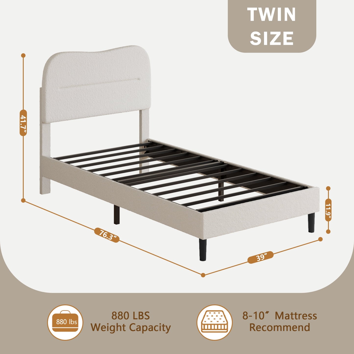 Tydimor Twin Bed Frame with Teddy Velvet Soft Curved Headboard, Platform Bed Easy Assembly, Noise-Free, White