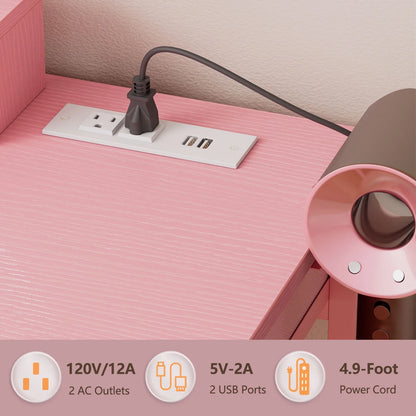 Tydimor Vanity Desk with Mirror & Lights, GRWM Vanity with Drawers & Storage Shelves, Makeup Dressing Table with Stool & Charging, Pink