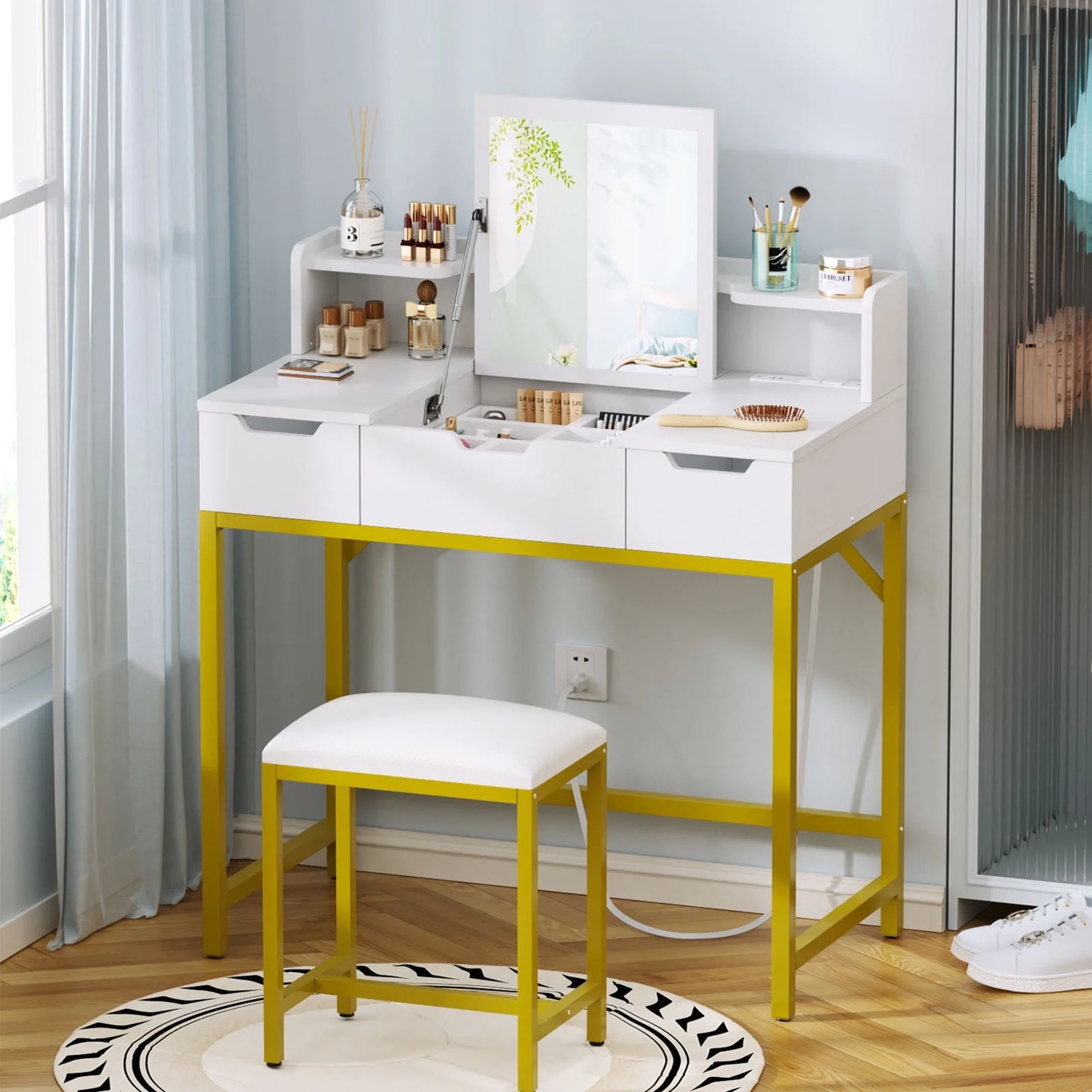 Tydimor Flip-top Vanity Set, Women Dressing Table with Outlets, Makeup Vanity Desk with Mirror, Drawers & Stool