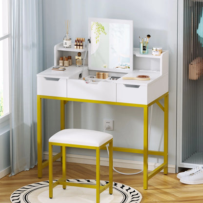 Tydimor Flip-top Vanity Set, Women Dressing Table with Outlets, Makeup Vanity Desk with Mirror, Drawers & Stool