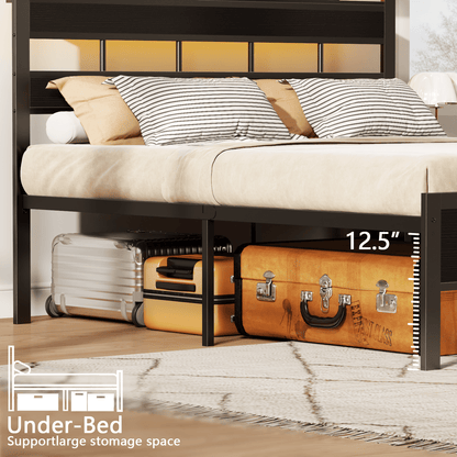 Tydimor LED Lighting Bed Frames Queen with Headboard Storage Shelves, USB Ports Queen Size Platform Bed Frame Steel Slats Support