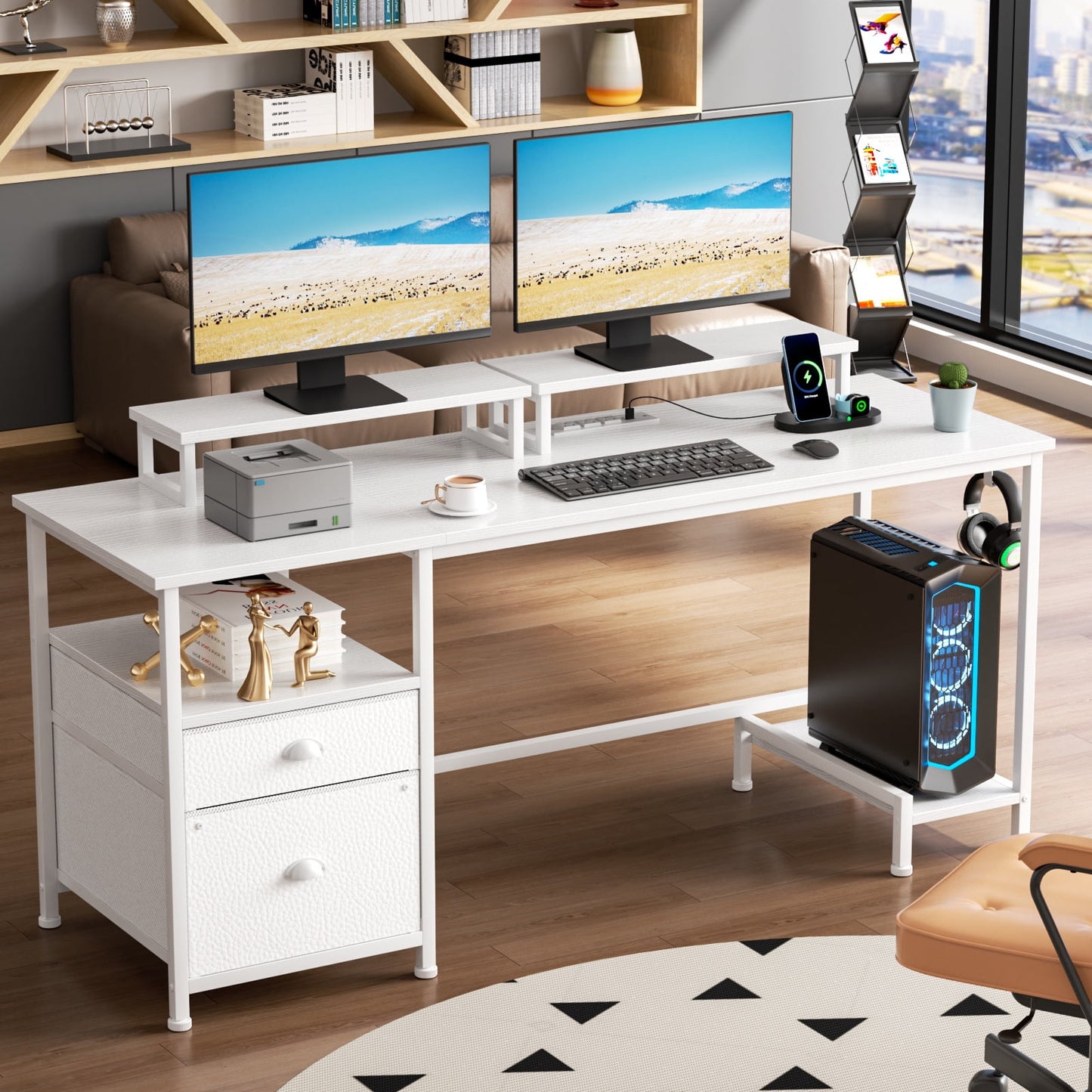 Satifur Office Desk with Drawers and Charging Station, Gaming Desk with Movable Monitor Stands, Corner Desk with Storage Shelves and File Cabinet, White