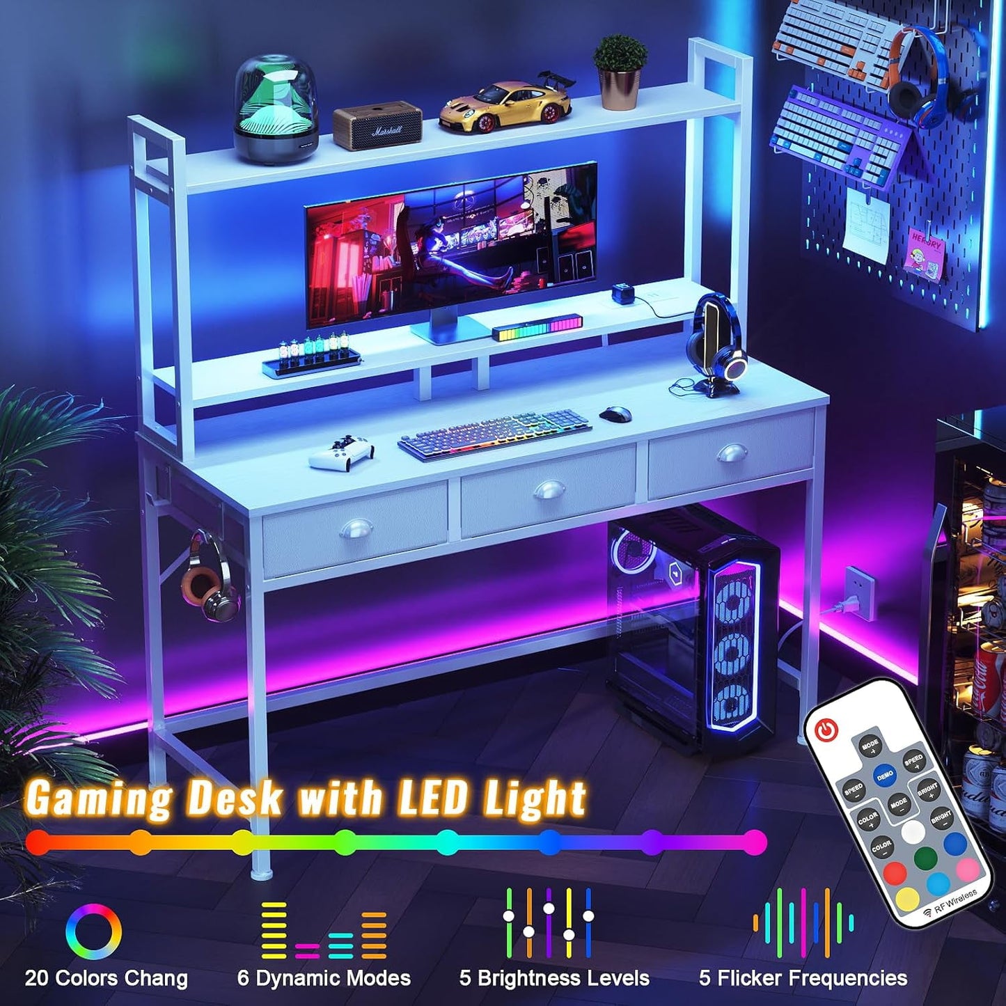 Satifur Small Computer Desk with Power Outlet & 3 Fabric Drawers, Gaming Desk with LED Light and Monitor Stand, Home Office Desk with Shelf and Hutch for Small Space, White