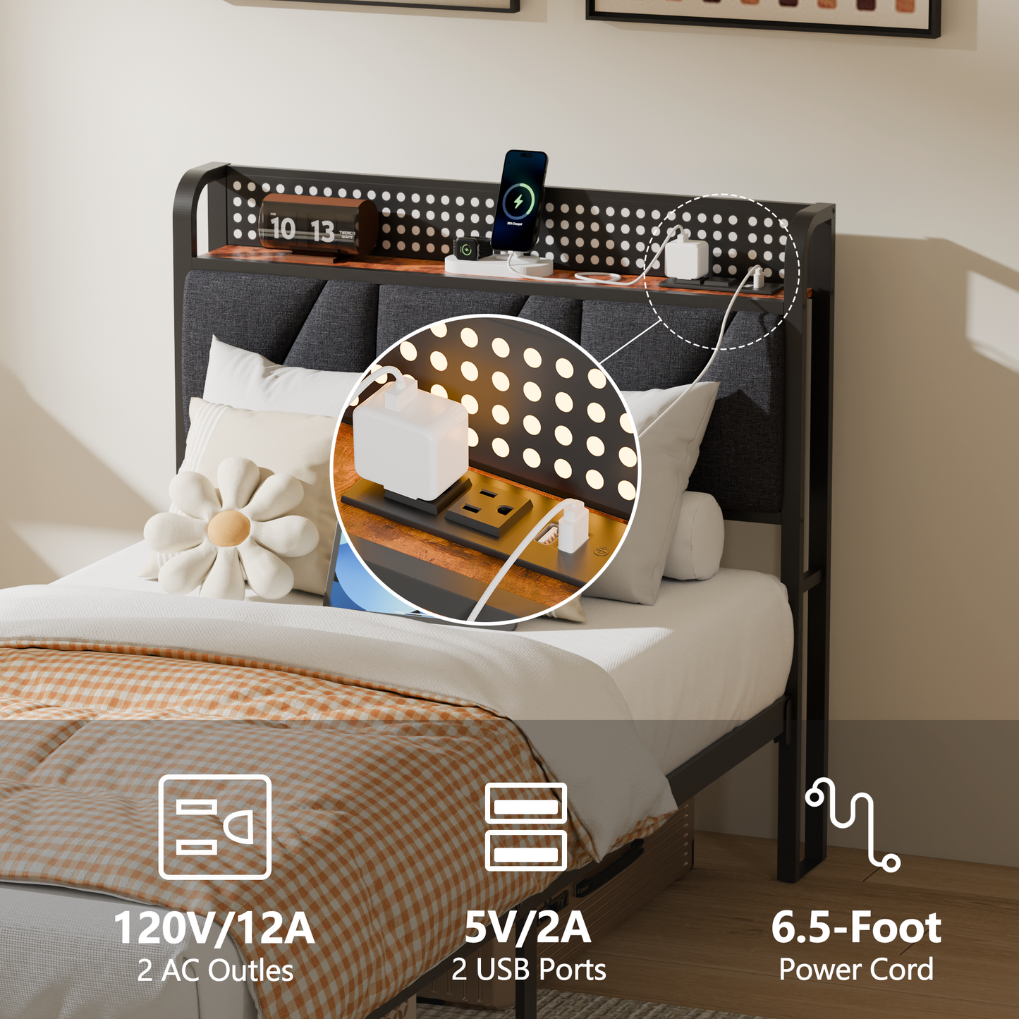 Tydimor Twin Size Metal Smart Bed Frames with Upholstered Headboard, LED Lights, USB Ports and Outlets, Storage Shelves & Underbed