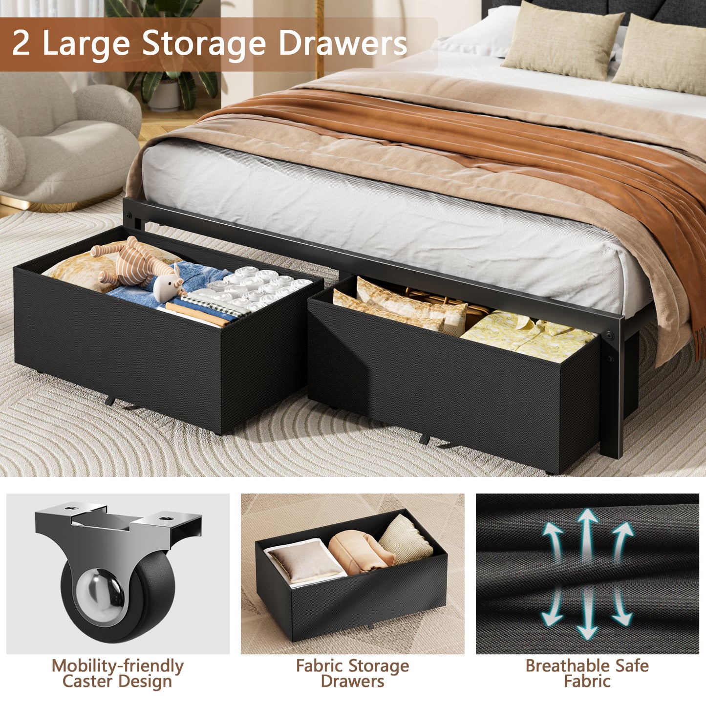 Satifur Full Bed Frame with 2 Storage Drawers and Upholstered Storage Headboard, Metal Platform Bed with Charging Station & LED, Noise-Free, No Box Spring Needed, Dark Grey & Black