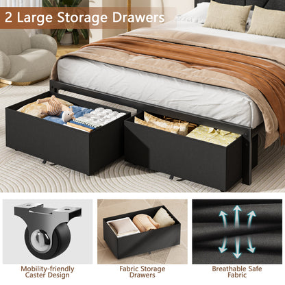 Satifur Full Bed Frame with 2 Storage Drawers and Upholstered Storage Headboard, Metal Platform Bed with Charging Station & LED, Noise-Free, No Box Spring Needed, Dark Grey & Black