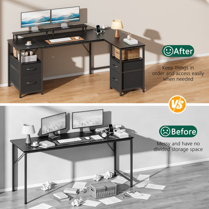 Satifur 57 Inch Reversible L Shaped Computer Desk with LED Lights & Outlets, Office Desk with 3 Drawers & 1 File Cabinet, Black