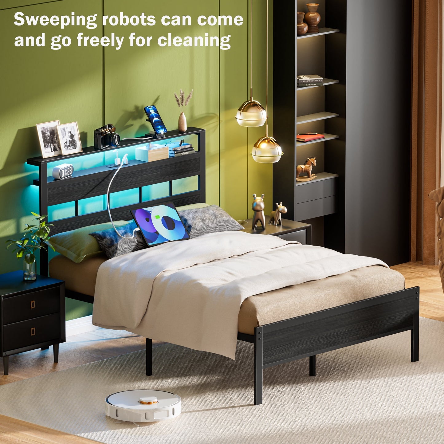 Satifur Full Size Bed Frame with Upholstered Storage Headboard and LED Light, Platform Bed with Metal Slats, Noise Free Design