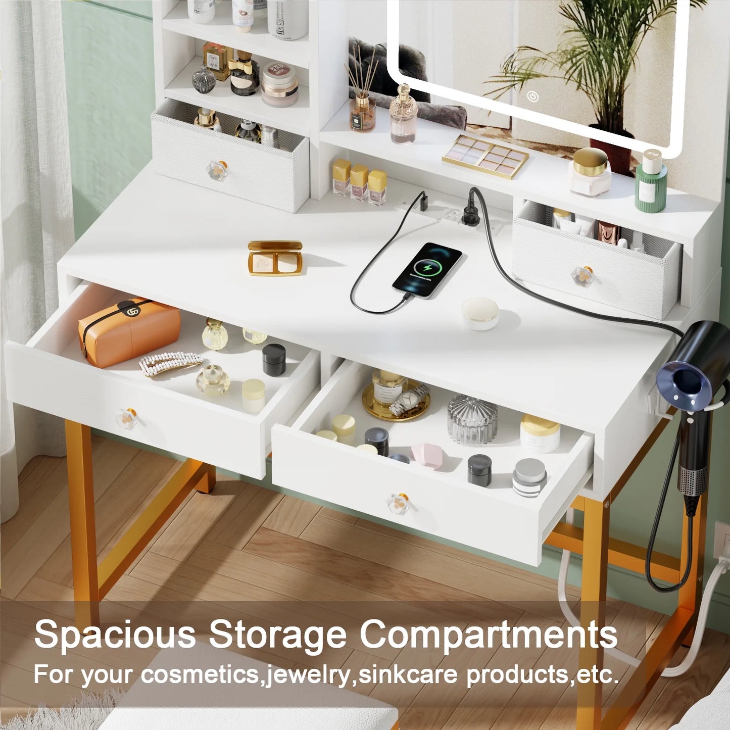 Tydimor Lighted Makeup Vanity Set, Women Dressing Table with Outlets, Vanity Desk with Drawers & Stool