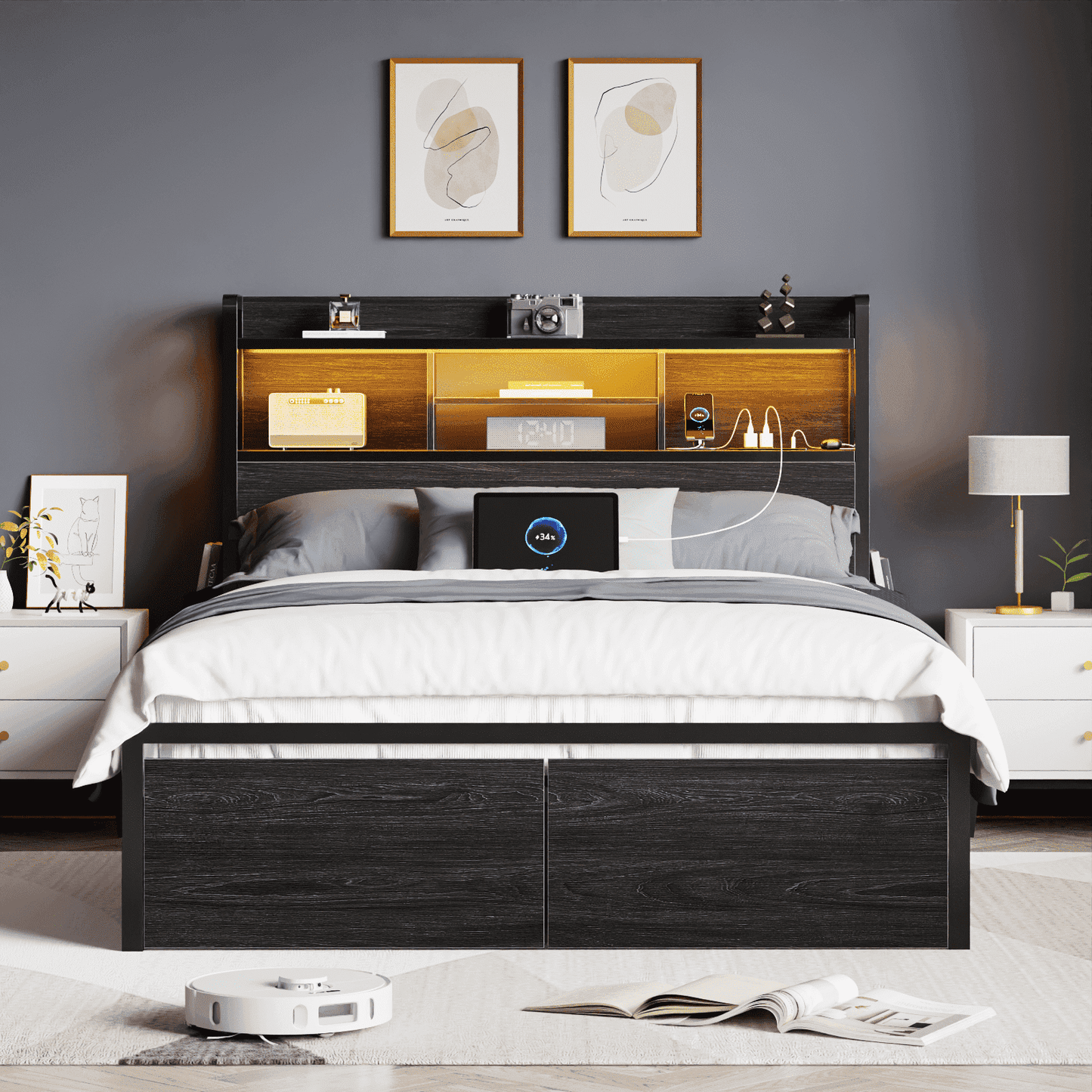 Satifur Full Size Metal Platform Bed Frame with Storage Headboard, Sturdy Full Bed for Adults, No Box Spring Needed