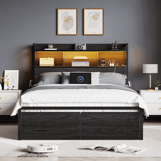 Satifur Full Size Metal Platform Bed Frame with Storage Headboard, Sturdy Full Bed for Adults, No Box Spring Needed