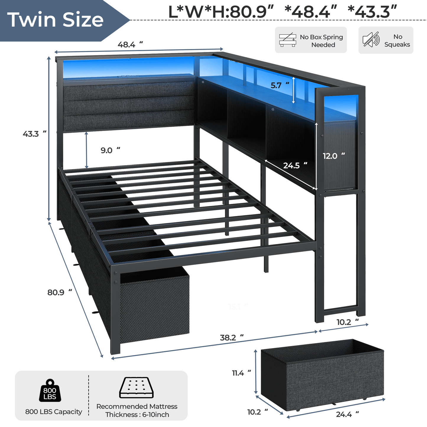 Tydimor L-Shaped Corner Bed Frame with 3 Storage Drawers, 3 Cubbies & Double-Layer Shelf, LED Lights & Power Outlet, Corner Twin Beds for Living Room, Bedroom and Guest, Black