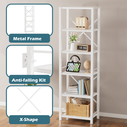 Satifur Bookshelf Bookcase Organizer with 6 Shelves for Living Room Bedroom Kitchen Garage, White