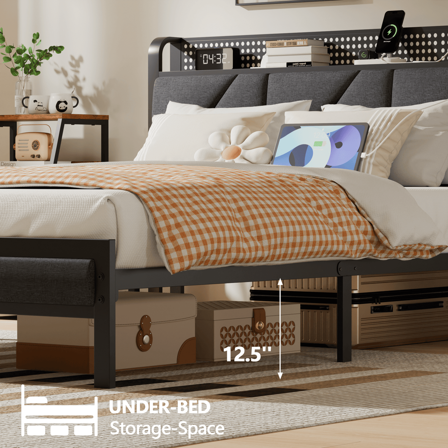 Tydimor Queen Size Metal Smart Bed Frames with Upholstered Headboard, LED Lights, USB Ports and Outlets, Storage Shelves & Underbed