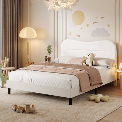 Tydimor Queen Bed Frame with Teddy Velvet Soft Curved Headboard, Platform Bed with Wooden Slats Support, Easy Assembly, Noise-Free, White