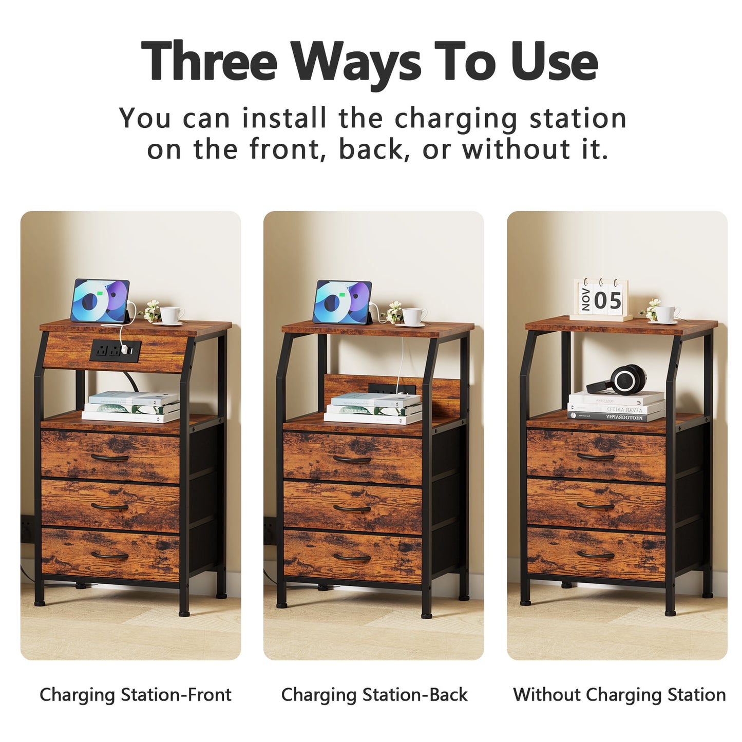 TYDIMOR Nightstand Bedside Table with Charging Station, 3 Drawer Dresser for Bedroom Furniture Steel, Wood, Brown Fabric Drawers