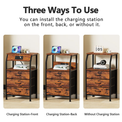 TYDIMOR Nightstand Bedside Table with Charging Station, 3 Drawer Dresser for Bedroom Furniture Steel, Wood, Brown Fabric Drawers
