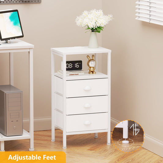 Satifur Nightstand with Charging Station Bedside Table with Fabric Storage Drawers, White