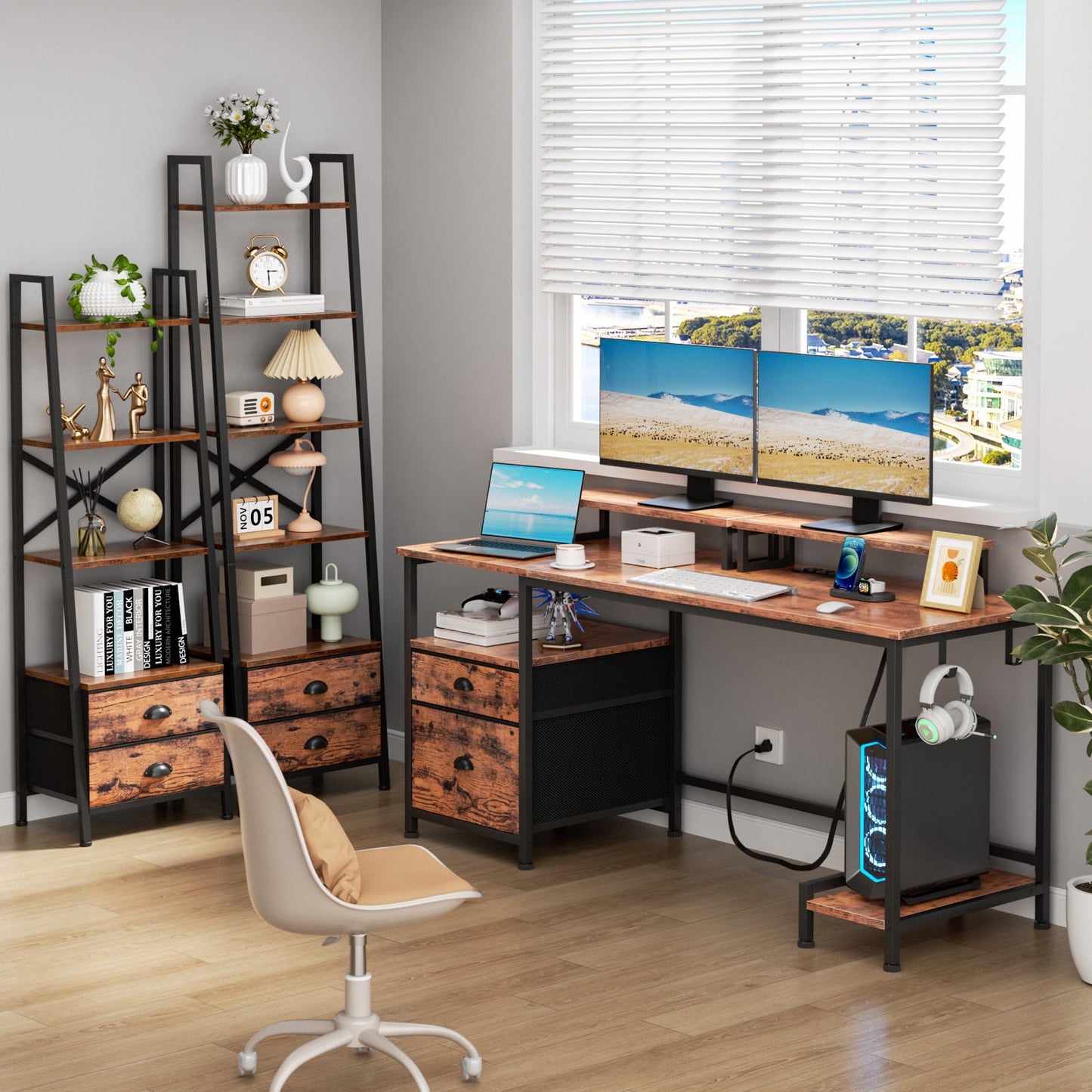Satifur Office Desk with Drawers and Charging Station, Gaming Desk with Movable Monitor Stands, Corner Desk with Storage Shelves and File Cabinet, Rustic Brown