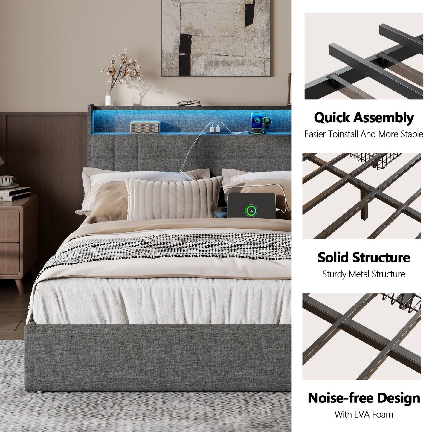 Tydimor Queen Bed Frame with Charging Station, Queen Upholstered Rivet Storage Headboard Platform Beds, Noise-Free, Easy Assembly, Dark Grey