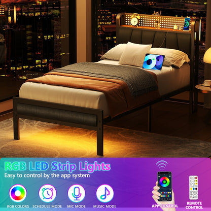 Hexmn Twin Size Metal Smart Bed Frame with Upholstered Headboard, LED Lights, USB Ports and Outlets, Storage Shelves & Underbed