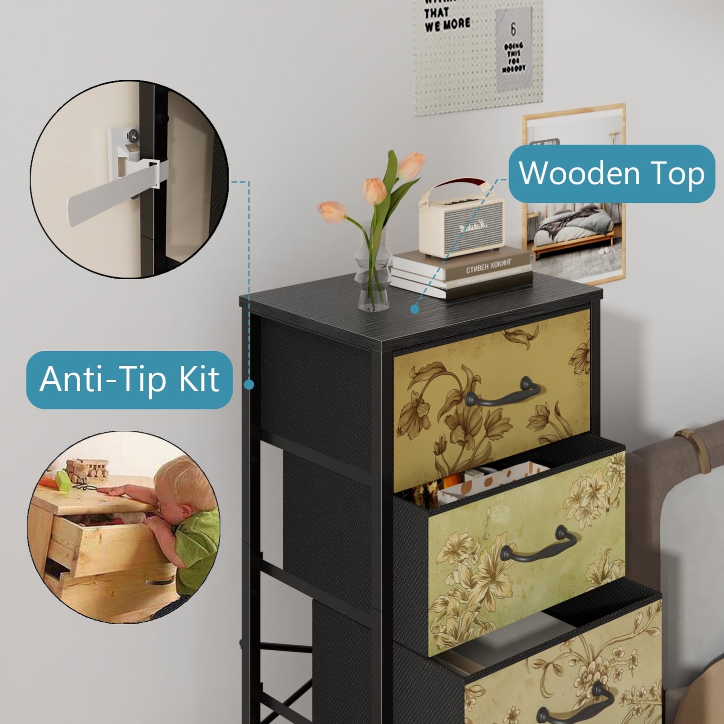 TYDIMOR Tall Dresser for Bedroom, 5 Drawer Chest of Drawers, Steel Frame, Ideal for Adults