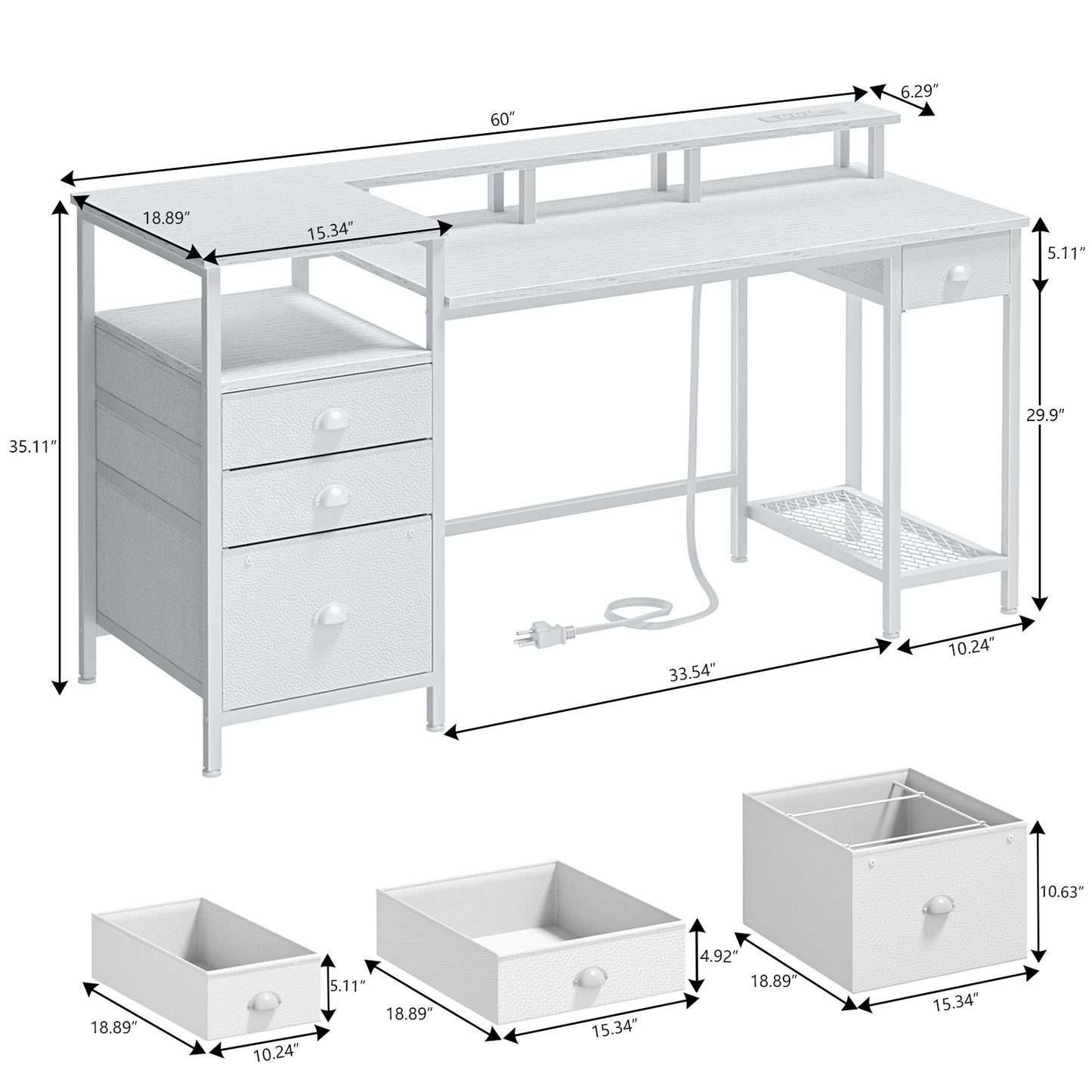 Satifur Computer Desk with 4 Drawers, 60 Inch Reversible Desk with Led Lights & Power Outlet, Home Office Desk with File Drawer & Monitor Stand, White