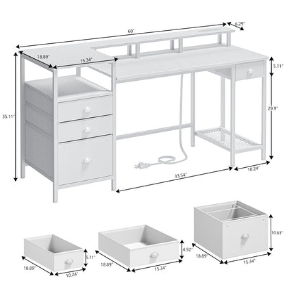 Satifur Computer Desk with 4 Drawers, 60 Inch Reversible Desk with Led Lights & Power Outlet, Home Office Desk with File Drawer & Monitor Stand, White