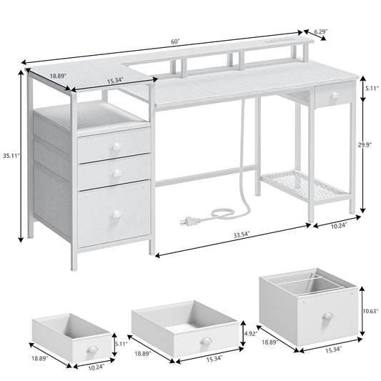Satifur Computer Desk with 4 Drawers, 60 Inch Reversible Desk with Led Lights & Power Outlet, Home Office Desk with File Drawer & Monitor Stand, White