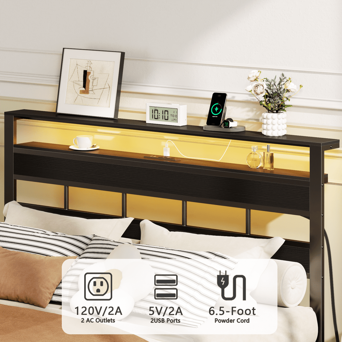 Tydimor LED Lighting Bed Frames Queen with Headboard Storage Shelves, USB Ports Queen Size Platform Bed Frame Steel Slats Support