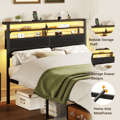 Tydimor Full Size Bed Frame with 2 Storage Drawers Headboard, LED & Charging Station, Black oack