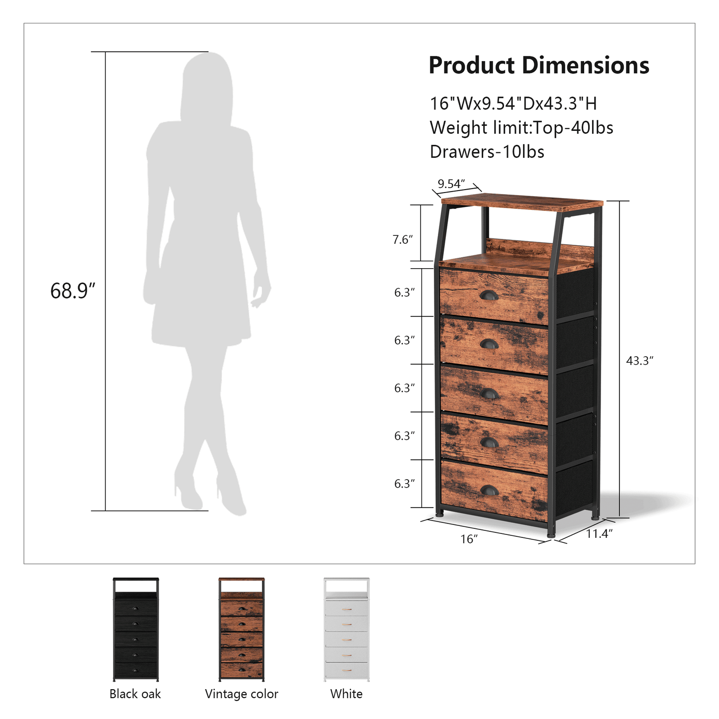 Satifur 5-Drawer Nightstand,Tall Fabric Dresser Storage End Table,Rustic Brown
