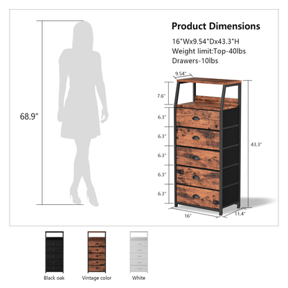Satifur 5-Drawer Nightstand,Tall Fabric Dresser Storage End Table,Rustic Brown