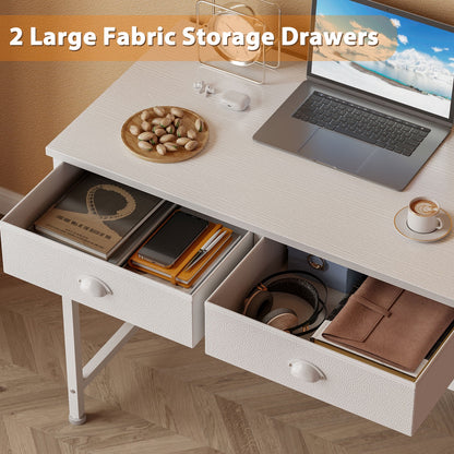 Furologee Computer Desk with 2 Fabric Drawers, Home Office Writing Desk, Vanity Desk with Hooks, Study Desk for Small Spaces, Makeup Dressing Table, White