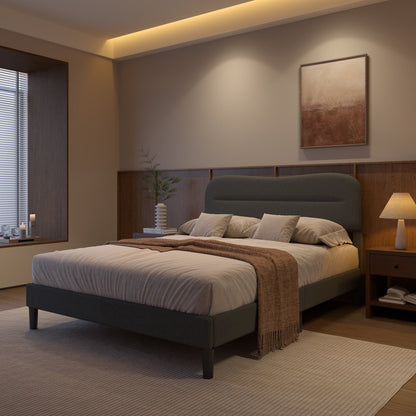 Tydimor Queen Bed Frame with Teddy Velvet Soft Curved Headboard, Platform Bed with Wooden Slats Support, Easy Assembly, Noise-Free, Dark Grey