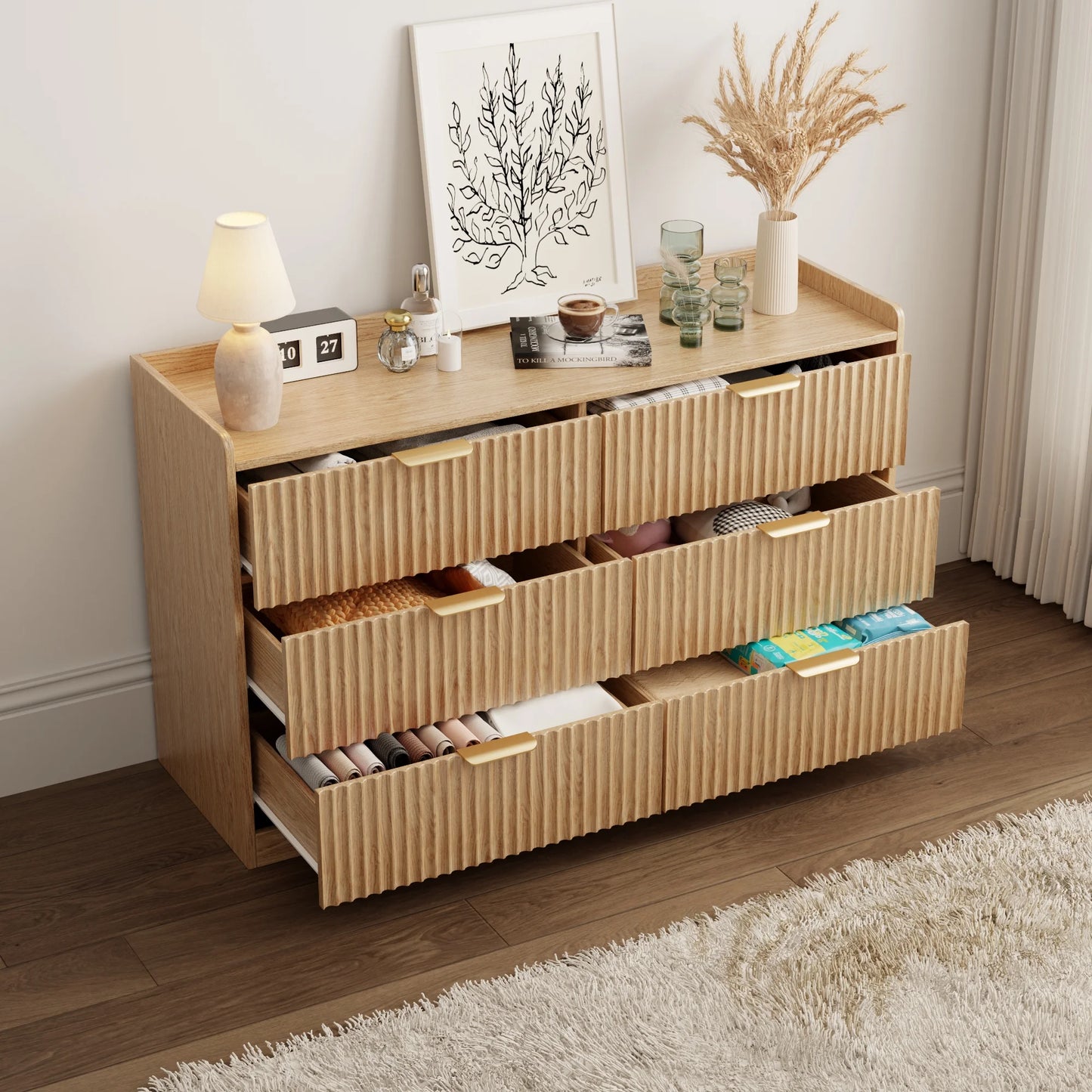 Tydimor Dressers for Bedroom 6 Drawers, Wide Chest of Drawers Storage Organizer, Wooden Cabinet with Anti-Tip Safety for Living Room, Hallway