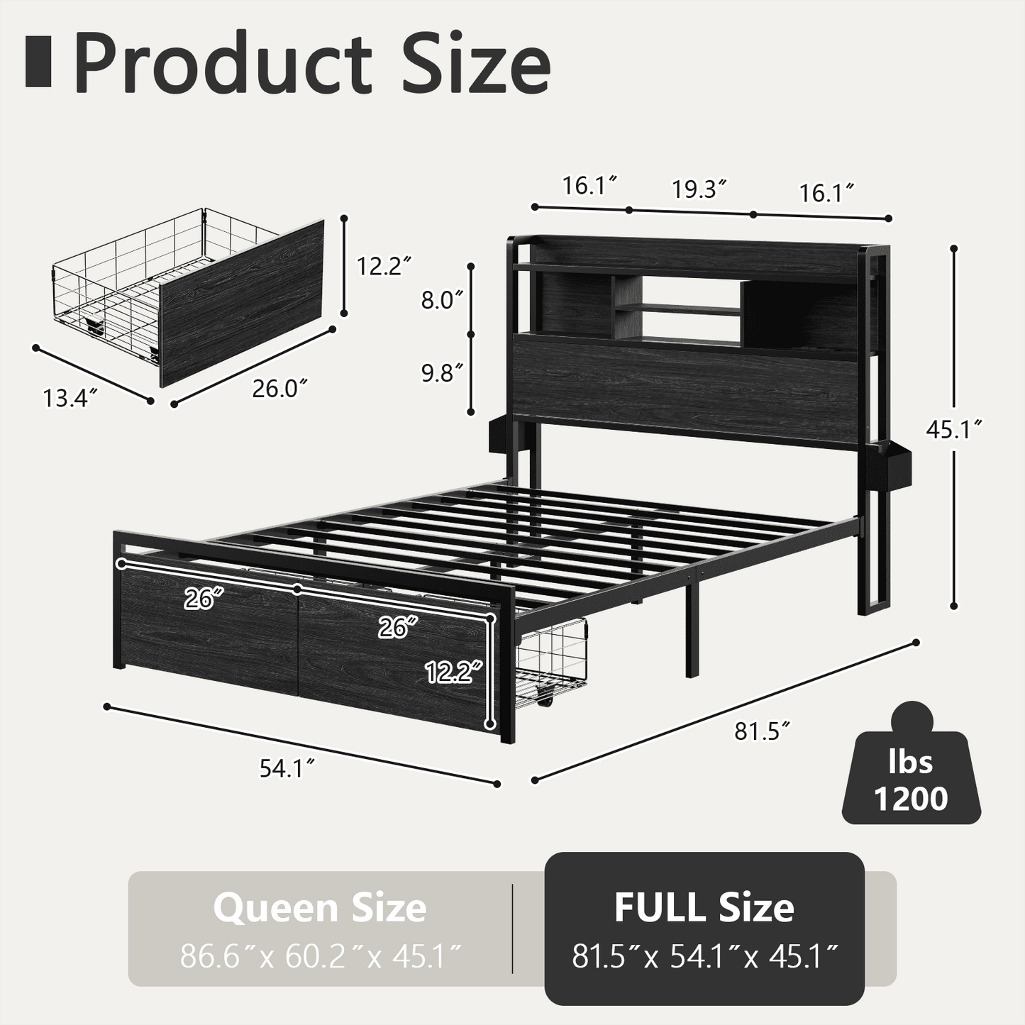 Satifur Full Bed Frame with Upholstered Headboard, Platform Bed Full with LED Lights & 2 Drawers, No Box Spring Needed