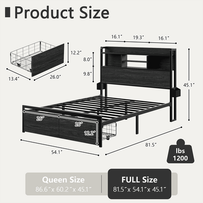 Satifur Full Bed Frame with Upholstered Headboard, Platform Bed Full with LED Lights & 2 Drawers, No Box Spring Needed